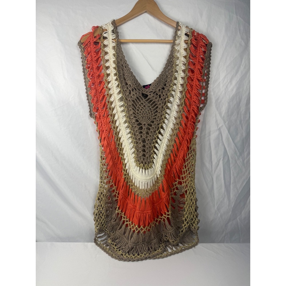 2B Bebe P/S Crochet Fringe Poncho Cover Up Festival Beach Boho Tan Coral